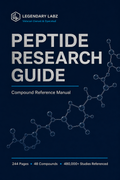 Book cover for 'Peptide Research Guide: Compound Reference Manual' by Legendary Labz, featuring a dark navy background with white and light blue text and molecular structure graphics.