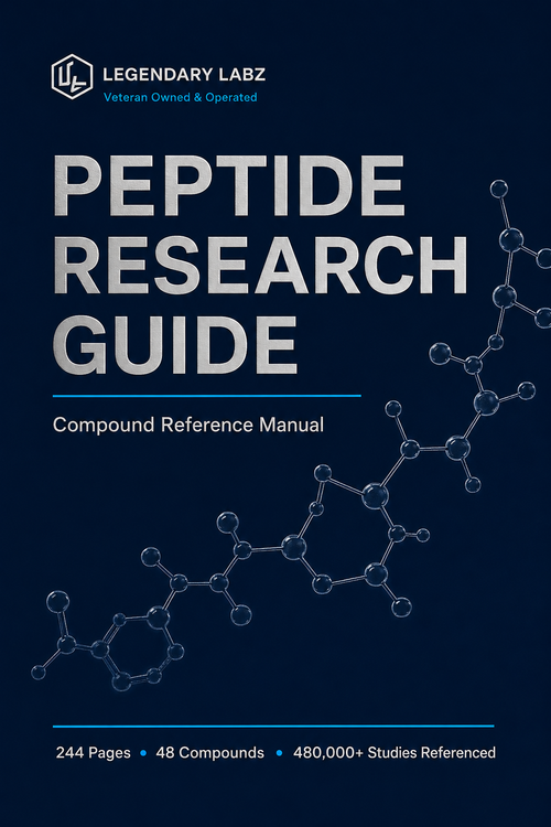 Book cover for 'Peptide Research Guide: Compound Reference Manual' by Legendary Labz, featuring a dark navy background with white and light blue text and molecular structure graphics.