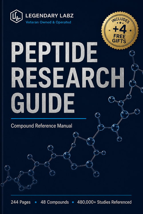 Front cover of the book 'Peptide Research Guide: Compound Reference Manual' by Legendary Labz, featuring a dark navy background with large white title text, blue molecular structure graphics, and a gold seal reading '+4 Free Gifts'.